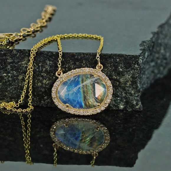 Natural Pave Diamond Rainbow Moonstone 14k Yellow Gold Chain Pendant Necklace