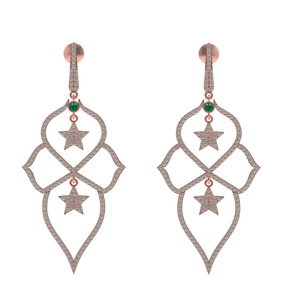 Natural Pave Diamond Emerald Gemstone 14k Rose Gold Floral Star Earrings Jewelry