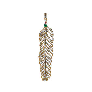 Natural Pave Diamond Emerald Gemstone 14k Yellow Gold Feather Pendant Jewelry