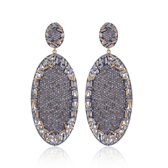 Genuine Pave Diamond Baguette 925 Silver Gold Womens Dangle Earrings Jewelry