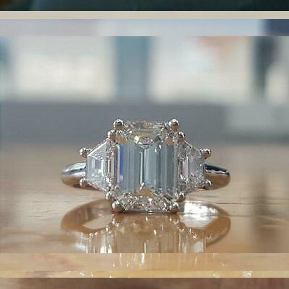 3 Stone loose moissanite 2.75 Carat Engagement Emerald Cut Ring 14K Gold Finish