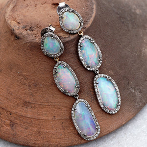 Genuine Pave Diamond Gemstone Opal Dangle Earrings 14k Gold Silver Jewelry GIFTS