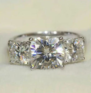 4.00 Ct Near White 3 Cushion Moissanite Engagement Ring Certified 14k White Gold