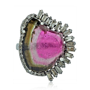 925 Silver Watermelon Tourmaline Cocktail Ring Natural Baguette Diamond Jewelry