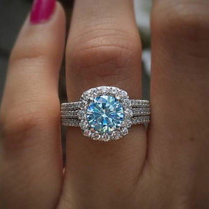 925 Sterling Silver Blue Round Moissanite Halo Engagement Ring Gift 1.38 TCW