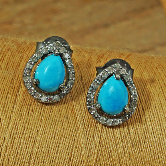 Genuine Pave Diamond Turquoise Stud Earrings Silver Gemstone Jewelry Ear Studs