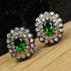 Natural Emerald Diamond Square Stud Earrings 925 Solid Silver Jewelry Ear Studs