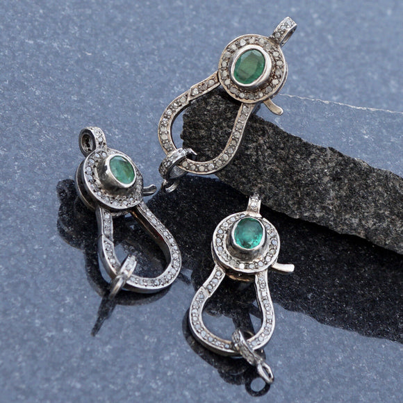 Green Emerald Pave Diamond 925 Silver Clasp Lobster Hooks Finding Jewelry FI-6