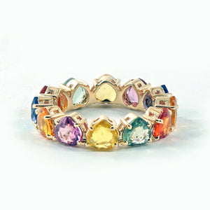 Heart Shaped Multi Sapphire Band Ring 14k Yellow Gold Fine Jewelry Wedding GIFTS