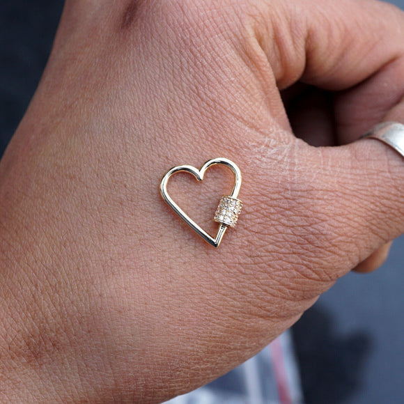 14k Solid Yellow Gold Pave Diamond Heart Clasp Lock Finding Carabiner JewelrY