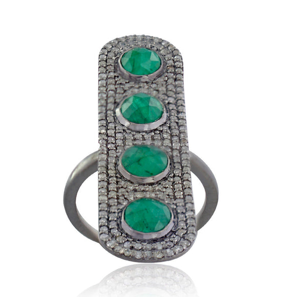 Natural Emerald Pave Diamond 925 Silver Handmade Ring Jewelry Size 7 RIMJ-260