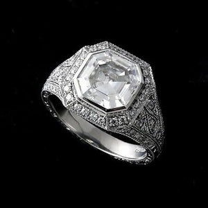 Engraved Diamond Halo 1.00 ct Asscher Forever Men's Moissanite Engagement Ring