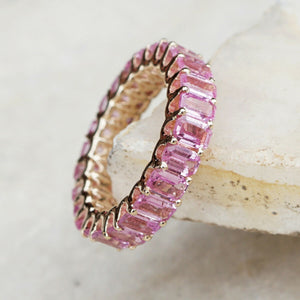 New Natural Baguette Cut Pink Sapphire Band Ring 14k Yellow Gold Wedding Jewelry