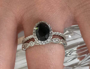 1.50ct Oval Black Diamond Halo Bridal Set Engagement Ring White Gold Finish