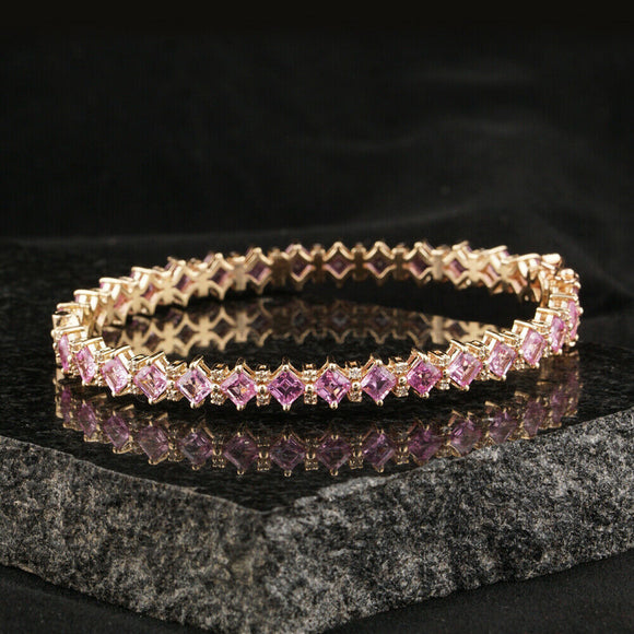 Double Cut Diamond Pink Sapphire Bangle 14k Yellow Gold Wedding Bracelet Jewelry