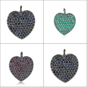 Natural Sapphire Ruby Emerald 925 Solid Silver Heart Pendant Handmade Jewelry