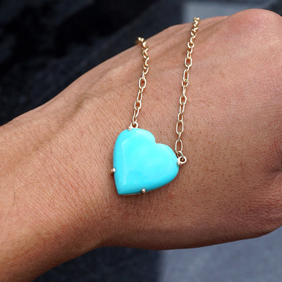 Natural Arizona Turquoise Heart Pendant 14k Yellow Gold Chain Love Necklace GIFT