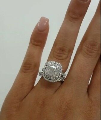 2.50Ct Cushion Real Moissanite Double Halo Engagement Ring Set In 14k White Gold