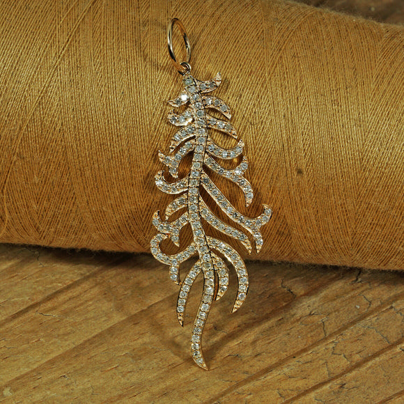 Natural 1.06 Ct Pave Diamond Feather Pendant Solid 14k Yellow Gold Fine Jewelry