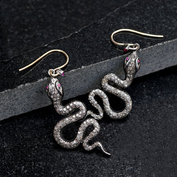 925 Solid Silver Natural Pave Diamond Ruby Snake Hook Earrings Animal Jewelry