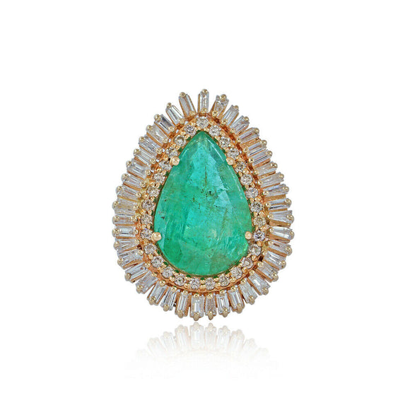 14k Solid Yellow Gold Jewelry Natural Baguette Diamond Emerald Cocktail Ring