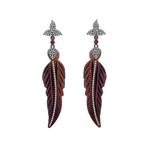 Natural Pave Diamond Ruby Wooden 925 Silver Leaf Earrings Jewelry EA-569SWR