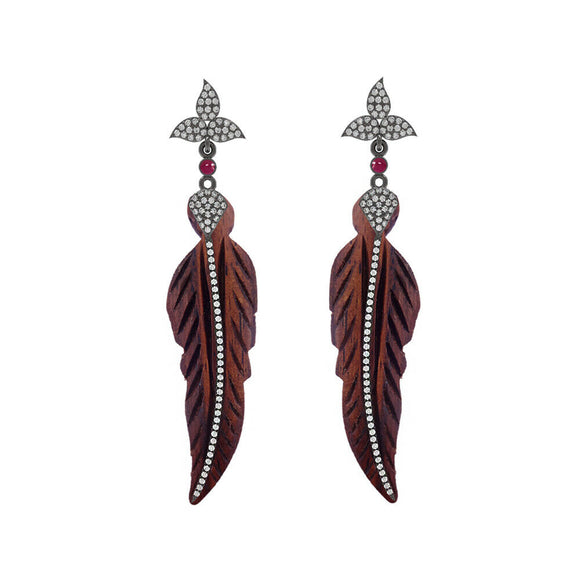 Natural Pave Diamond Ruby Wooden 925 Silver Leaf Earrings Jewelry EA-569SWR