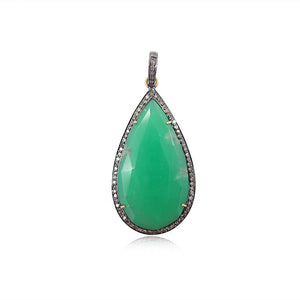 16.22cts Natural Chrysoprase Pave Diamond 925 Silver 18" Chain Pendant Jewelry