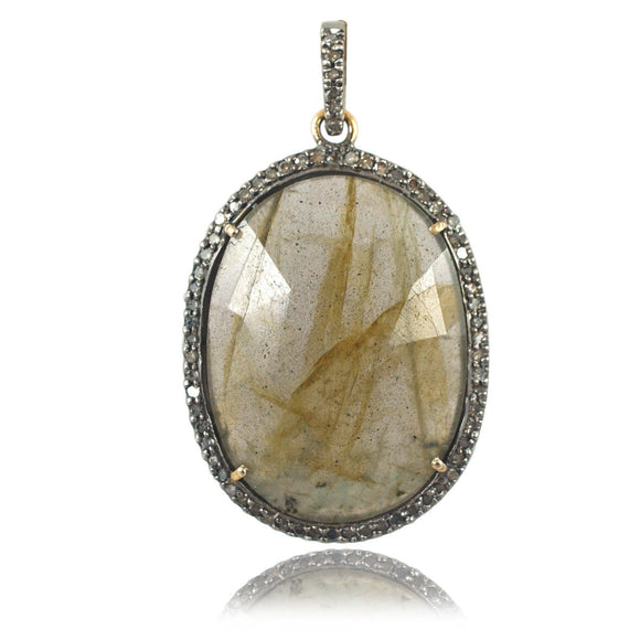 925 Silver 14k Gold Natural Labradorite Pave Diamond Pendant Jewelry PEMJ-484