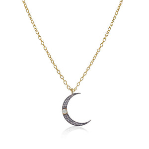 Genuine Pave Diamond Moonstone 925 Silver Crescent Moon 18" Link Chain Pendant