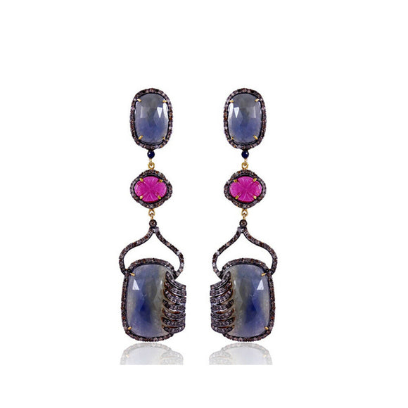 Natural Blue Sapphire Red Ruby 14k Gold 925 Silver Pave Diamond Earrings Jewelry