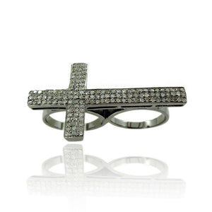 Natural Pave Diamond 925 Silver Double Finger Knuckle Cross Ring Jewelry Size 6