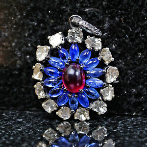 Ruby and Sapphire Polki Diamond Floral Pendant 925 Silver Vintage Style Jewelry