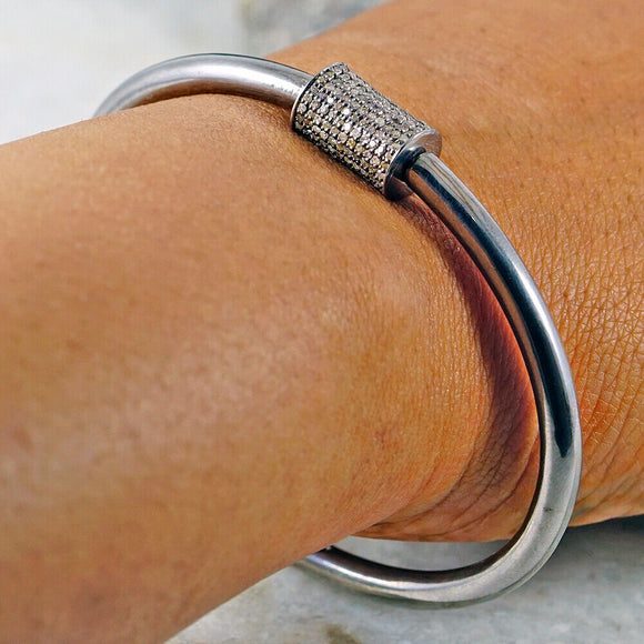 925 Solid Silver Natural Pave Diamond Carabiner Lock Bangle Handmade Jewelry