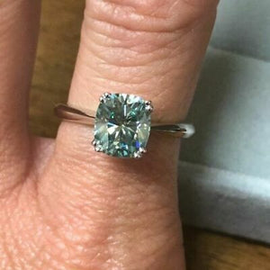 Solid 14k White Gold 3.0Ct Blue cushion-Cut Moissanite Solitaire Engagement Ring