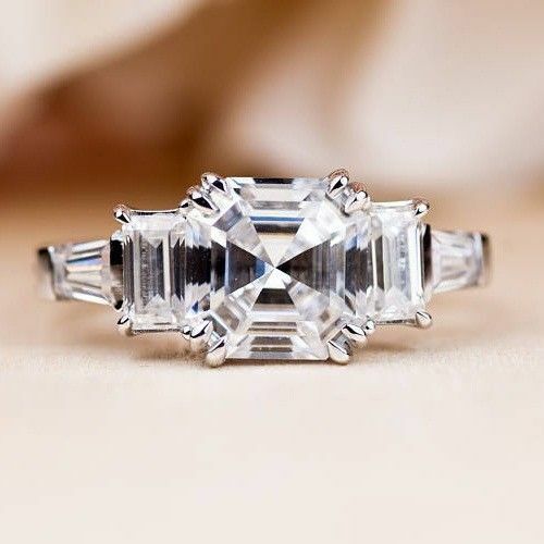 Three Stone Diamond Engagement Ring Anniversary Gift Asscher Cut Sterling Silver