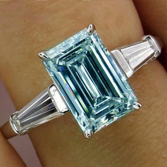 Emerald 3 Ct Fancy Blue Moissanite Engagement Solid 10K White Gold Ring