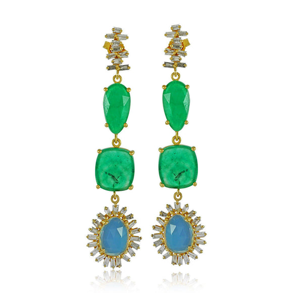 14k Yellow Gold Natural Emerald Opal Diamond Handmade Earrings Jewelry EAMJ-938