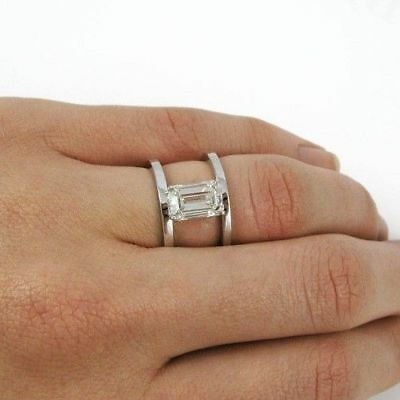 Moissanite Ring 2.08 Ct Off White Emerald Engagement Promise 925 Sterling Silver