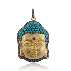 925 Silver Gold Plating Natural Pave Diamond Turquoise Buddha Pendant Jewelry