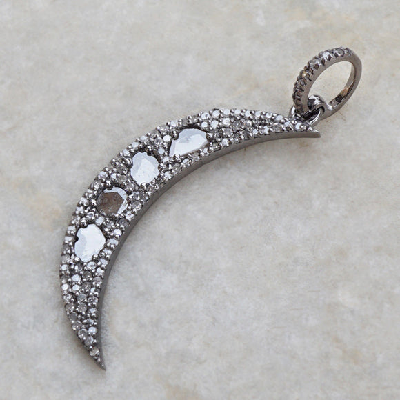 Natural Diamond Slice Pave Crescent Moon 925 Silver Pendant Handmade Jewelry