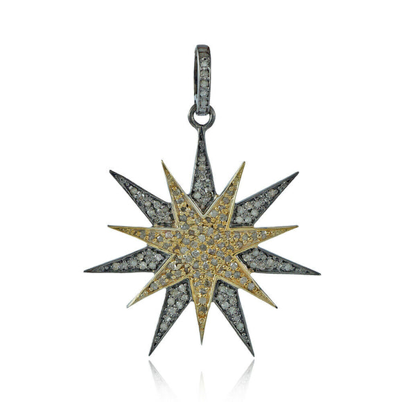 Natural Pave Diamond 925 Silver Gold Plated Starburst 18