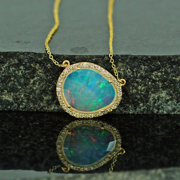 New Genuine Pave Diamond Ethiopian Opal Pendant Necklace 14k Yellow Gold Jewelry