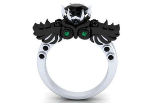 Harry Potter Black Hedwig Owl Bird Angel Wings Engagement Ring Sterling Silver