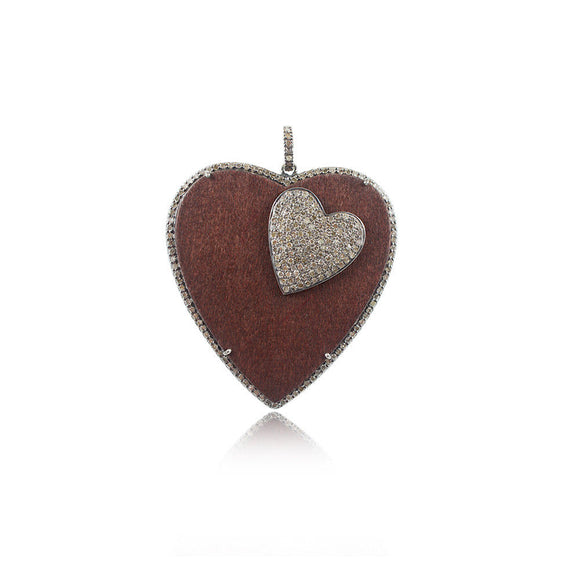 Genuine Pave Diamond Wooden Heart Pendant 925 Silver Handmade Love Jewelry Gifts