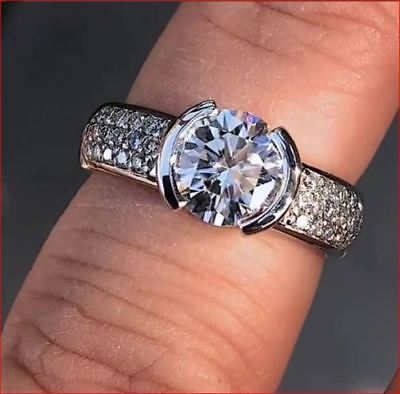 1 Ct White Round Moissanite Half Bezel Set Engagement 14K White Gold Over Ring