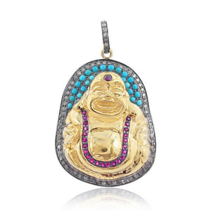 Turquoise Ruby Diamond 925 Silver Gold Plated Laughing Buddha Pendant PEMJ-583