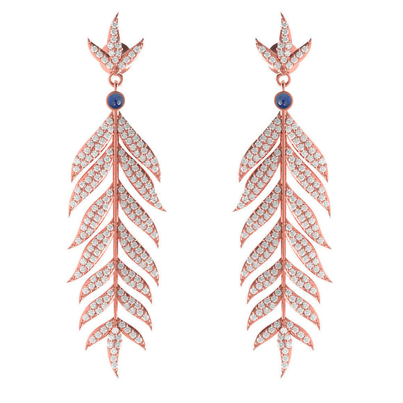 14k Rose Gold Genuine Pave Diamond Sapphire Leaf Dangle Vintage Earrings Jewelry