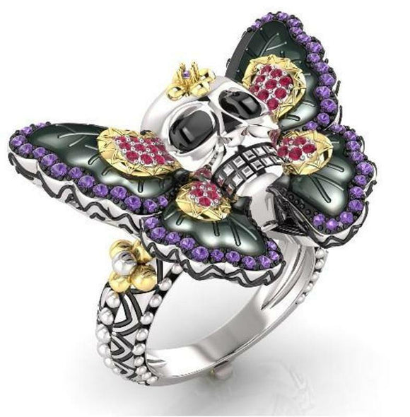 Skull Butterfly Antique Design Engagement Wedding Ring Solid 925 Sterling Silver