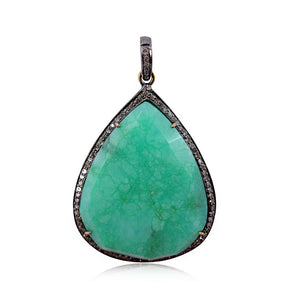 30.36cts Rare Green Chrysoprase Pave Diamond 925 Sterling Silver Pendant Jewelry